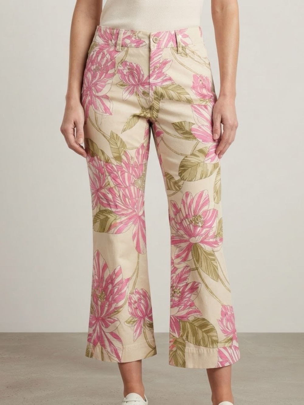 Tommy Hilfiger Pink Floral Cropped Stretch Flare Leg Pants 100% Cotton Size 6